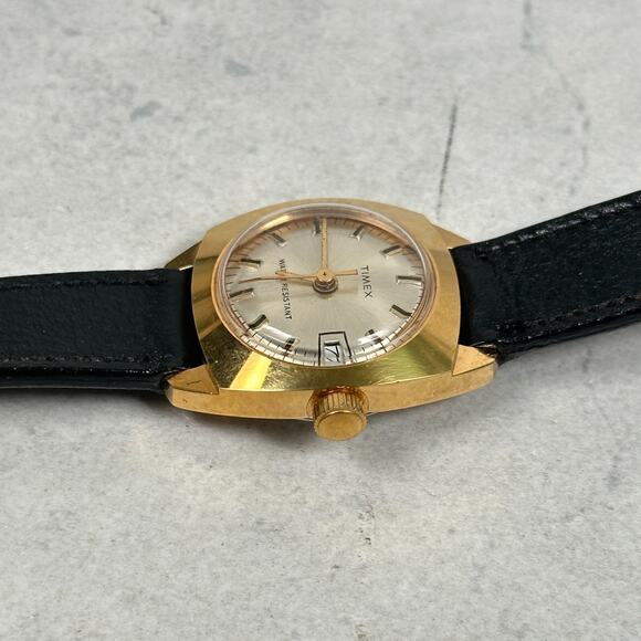 VTG Timex Watch Womens 25mm Manual Wind Date Gold Tone Black Band Working - Picture 6 of 13